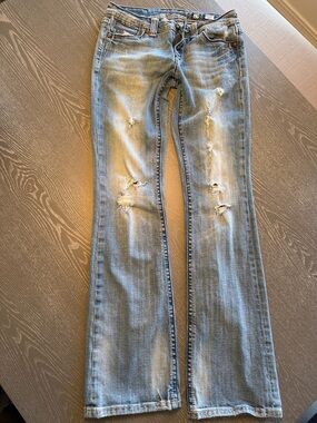 Miss Me Light Blue Flare Jeans with Distressed Knees